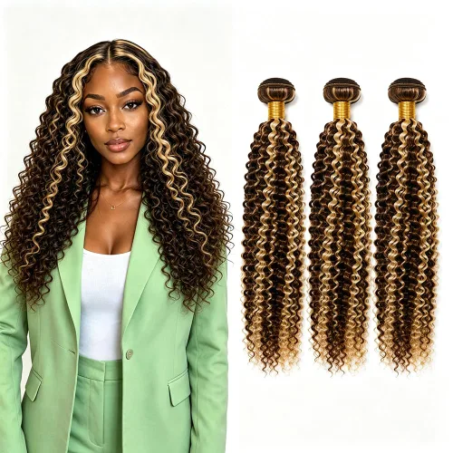 Vista 224 de P4613 Cabello humano rizado onda profunda marrón y paquetes mixtos 8 10 12 P4613 Ombre Marrón-Rubio-DP