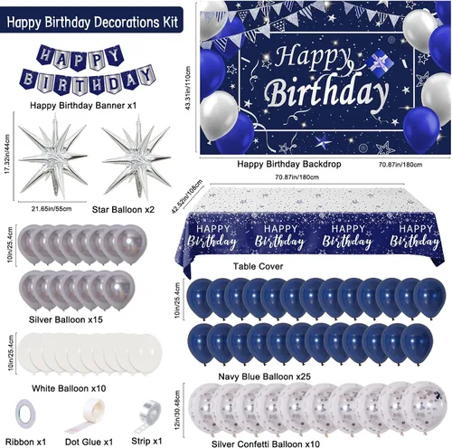 Vista 4 de Decoraciones de cumpleaños azul marino para hombres, niños, mujeres y niñas, 80 piezas de decoraciones de fiesta azules y plateadas, telón de fondo