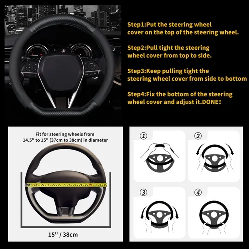 Vista 5 de Funda para volante en forma de D, protector de cuero de alta calidad para volante de automóvil, diseño deportivo de fibra de carbono, antideslizante