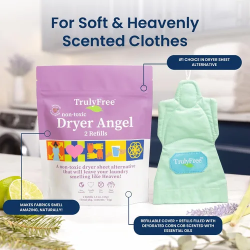Vista 2 de Truly Free Dryer Angel - Toallitas naturales alternativas para secadora, hojas de suavizante reutilizables y no tóxicas, potenciador de aroma
