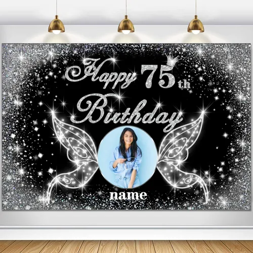 Vista 69 de Cartel personalizado de decoración de fiesta de cumpleaños número 100 - tema de alas de ángel - negro y plateado HY-NLK-100º