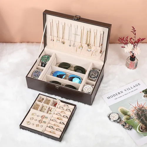Vista 7 de LANDICI Joyero organizador para mujeres y niñas estuche grande de 2 capas para hombres con bandeja extraíble soporte de almacenamiento de joyas