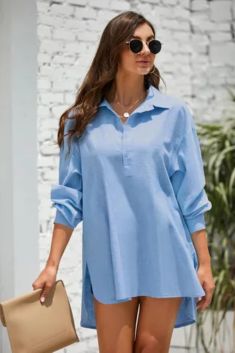 Vista 2 de Camisas tipo túnica de algodón y lino para mujer con botones manga larga cuello y cuello