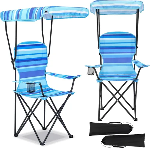 Vista 9 de Paquete de 2 sillas de playa con toldo, sillas plegables de camping con toldo, silla de césped portátil resistente a la intemperie con soporte