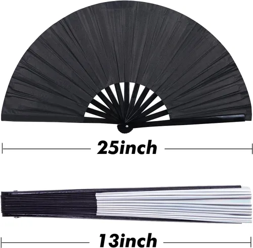 Vista 2 de Gionforsy 1pcs Rave Hand Fan Bamboo Holding Hand Fan Ventilador grande plegable con tela de color brillante ventilador plegable para festival (negro)