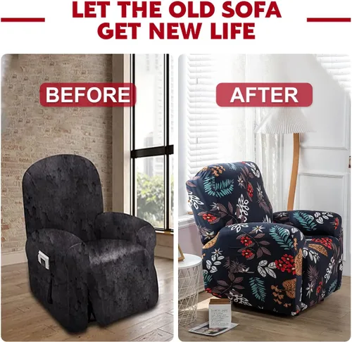 Vista 9 de Juego de 4 fundas para sillón reclinable de alta elasticidad, funda suave para sofá de 1 asiento, funda estampada para silla reclinable con bolsillo