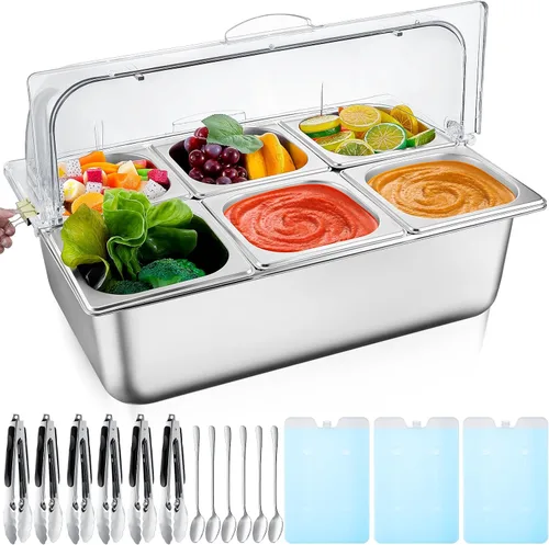 Vista 12 de Tessco for you 16 piezas de contenedor de condimentos para servir alimentos y especias, con tapa, para exhibición en mostrador, enfriado, de acero