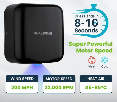 Vista 2 de Alpine - Secador de manos automático comercial - Secador de manos de aire de alta velocidad para el hogar, restaurante, baño y zonas de alto Negro