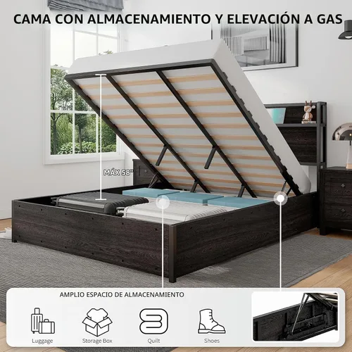 Vista 6 de Cama de Almacenamiento Elevable Tamaño Full, Marco de Cama Plataforma de Madera con Cabecera de Almacenamiento y Estación de Carga, No Necesita Negro