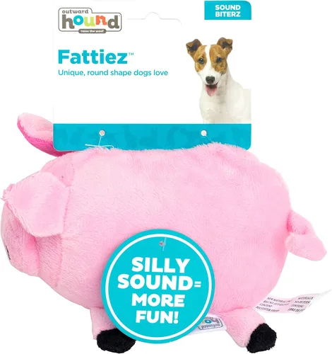 Vista 2 de Outward Hound Fattiez - Juguete de peluche para perro con cerdo chillón, pequeño Engaging Squeak Sounds, Soft Plush & Round Shape, Easy Carry