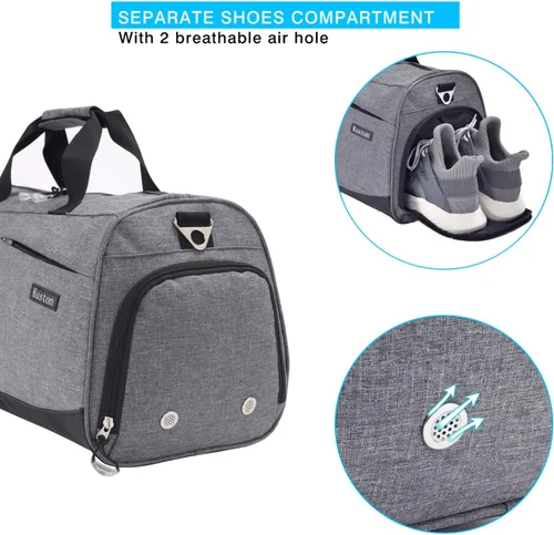Vista 5 de Kuston Bolsa de gimnasio deportiva con compartimento para zapatos y bolsillo húmedo, bolsa de lona para gimnasio para hombres y mujeres, Gris