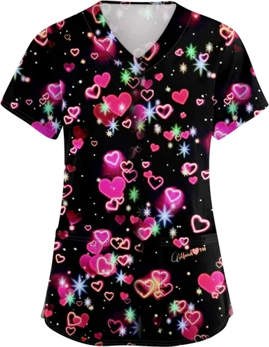 Vista 26 de Camisetas de uniforme médico de Navidad para mujer, talla grande, estampado ##896-Multicolor
