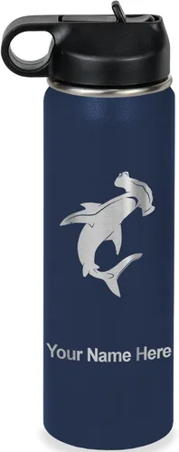 Vista 49 de LaserGram Botella de agua personalizada, tiburón martillo, acero inoxidable de doble pared aislada al vacío con popote superior, regalo grabado