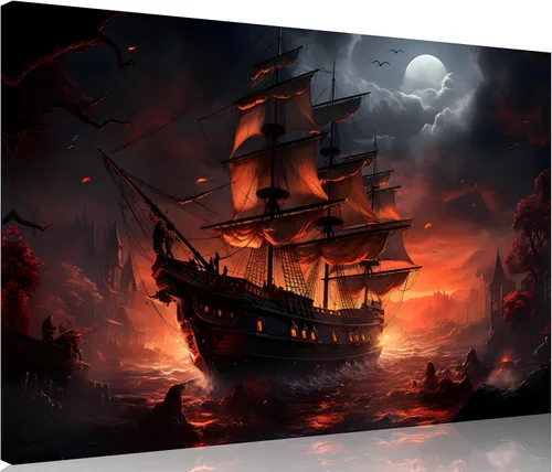 Vista 15 de TutuBeer 3 Piezas Arte de Pared Batalla Naval Barco Imagen Barco Pirata Velero Póster Barco Pirata Azul en Llamas Imagen Impresa en Lienzo Póster