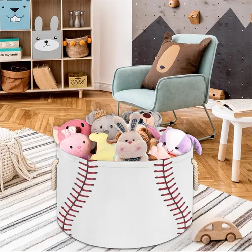 Vista 5 de Cesta de almacenamiento redonda grande de béisbol, canasta de almacenamiento circular plegable para béisbol, con asa para niños, manta de juguetes