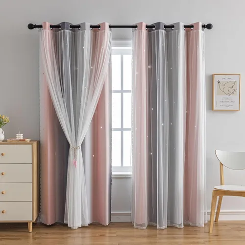 Vista 9 de Cortinas opacas con recortes de estrellas para dormitorio de niñas y niños, cortina de doble capa con aislamiento térmico y superposición