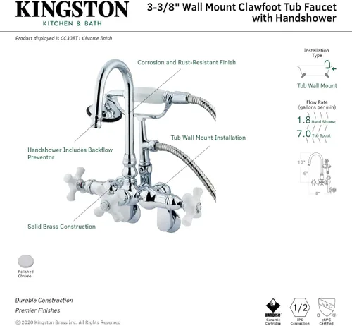 Vista 3 de Kingston Brass CC308T1 Vintage Clawfoot Grifo Hi-Rise Spt Montaje en Pared H&C Porcelana Cruz Manija Cromo Pulido