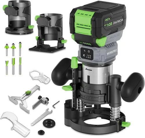 Vista 9 de WORKPRO Kit de enrutador compacto, herramienta de enrutador manual con cable de 6.5 amperios, enrutador de madera de 6 velocidades variables