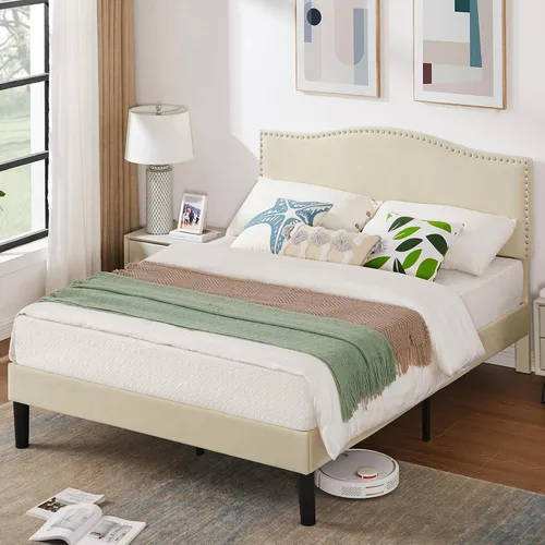Vista 19 de VECELO Base de cama tamaño Queen, base de cama de plataforma con cabecera tapizada de altura ajustable, marcos resistentes y fuerte soporte