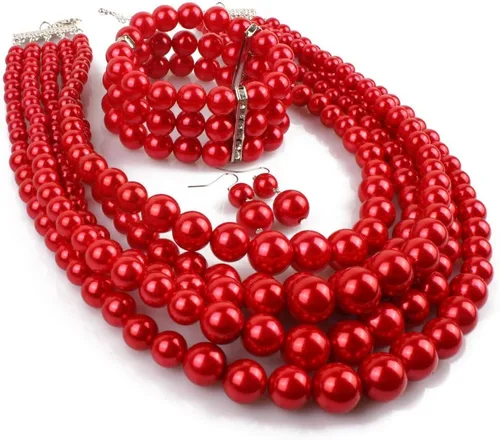 Vista 2 de Collar multicapa de perlas de imitación exageradas+pulsera+arete Collar de perlas grande Conjunto de joyas de boda para mujeres y niñas