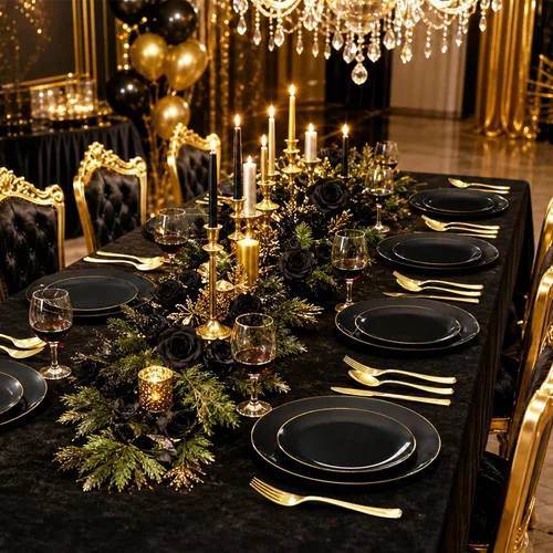Vista 10 de YOUBET 125 piezas de platos de plástico negros y dorados - Platos desechables negros con borde dorado - Incluye 25 platos de cena, 25 platos