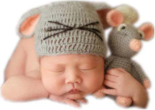 Vista 4 de Accesorios de fotografía para recién nacidos, trajes de punto para niños y niñas, accesorios para fotos de bebé, sombrero de ratón y muñeca