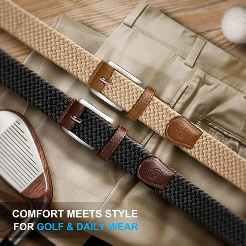 Vista 3 de Cinturón de golf para hombre, 2 unidades, cinturón elástico trenzado de 1 3/8 pulgadas, en caja de regalo para jeans casuales, deportes y trabajo