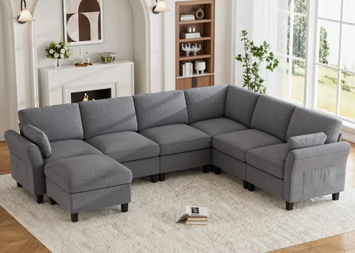 Vista 18 de Legend Vansen Sofá modular seccional, cómodo sofá modular en forma de U de 6 asientos con espacio de almacenamiento y diván, sofás seccionales Crema