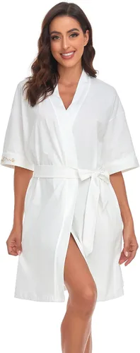 Vista 155 de COLORFULLEAF Bata de baño de manga corta para mujer, 100% algodón, longitud hasta la rodilla, con bolsillos