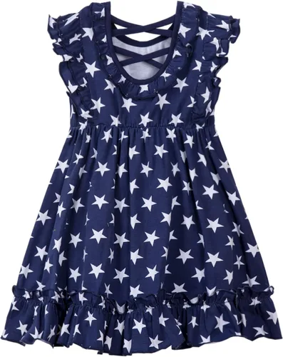 Vista 5 de Mud Kingdom Vestido para niñas del 4 de julio, lindo día de la independencia, bandera estadounidense, manga con volantes, vacaciones de verano