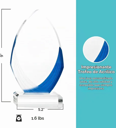 Vista 8 de Awards Trofeo de Acrílico Grabado con Forma de Elipse Puntiaguda de 9" Azul y Blanco - para Empleados - Grabado Personalizado