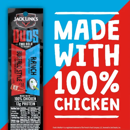 Vista 6 de Jack Link's DUOs - Palitos de carne seca de pollo con 13g de proteína, Frank's RedHot Buffalo Style con cremoso ranch, hechos con 100% pollo, dos