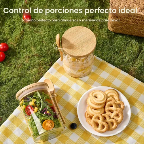 Vista 6 de Paquete de 4 recipientes de avena nocturna con tapas y cucharas de bambú - Tarros de vidrio herméticos de 22 onzas con tapa, tarros de preparación