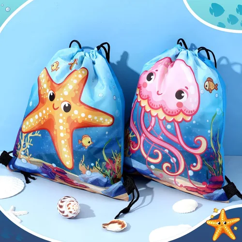 Vista 4 de Frienda 24 bolsas con cordón para recuerdos de fiesta oceánica, bolsas de dulces, mochila bajo el mar con criaturas para niños, suministros