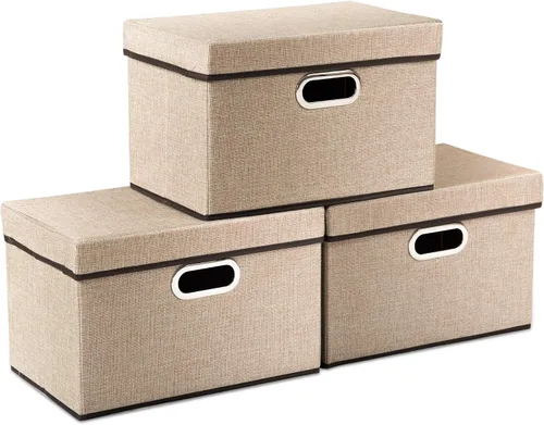 Vista 44 de PRANDOM Contenedores de almacenamiento con tapas [paquete de 3] cajas de almacenamiento plegables de tela de lino, canastas organizadoras, cubos
