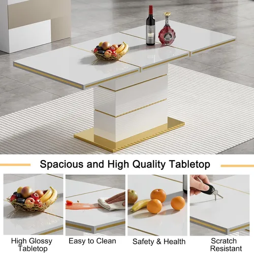 Vista 4 de Juego de mesa de comedor de alto brillo blanco de 70 pulgadas para 6, mesa de comedor rectangular moderna de 7 piezas y 6 sillas de terciopelo