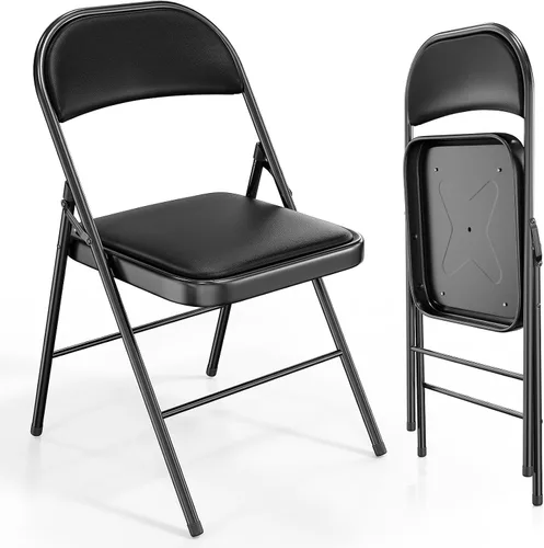 Vista 10 de VINGLI 1 paquete de sillas plegables con asientos acolchados, estructura metálica con asiento y respaldo de cuero sintético, capacidad de 350 Negro