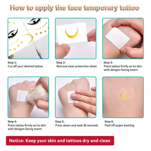 Vista 7 de 14 hojas de tatuajes temporales para la cara, calcomanías faciales de Rosymormor doradas metálicas de transferencia temporal con purpurina