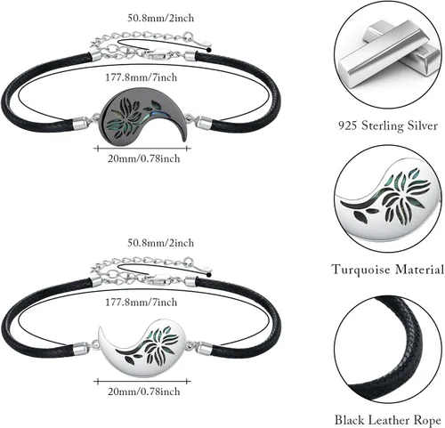 Vista 2 de Yin Yang - Pulsera de plata de ley 925 para parejas, árbol de la vida, luna de sol, montaña, abulón de loto, joyería para mujeres, hombres, parejas