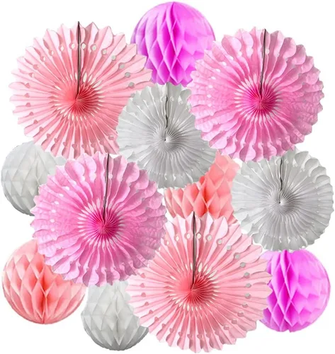 Vista 14 de 12 piezas de bolas de panal de 6 pulgadas y 8 pulgadas, abanicos de papel de seda, abanicos de bolas de panal para fiestas, decoraciones de pared