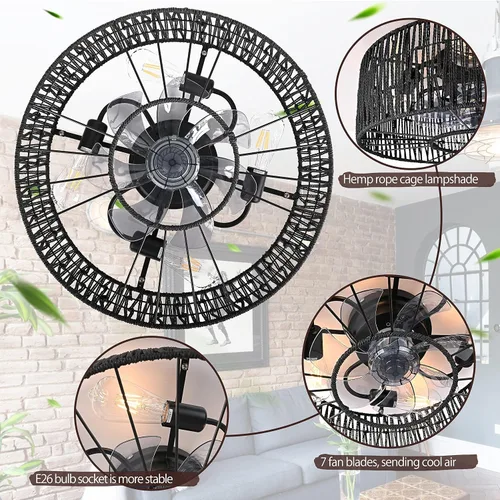 Vista 6 de Ventilador de techo enjaulado negro con luz, ventilador de techo industrial de perfil bajo con luces y ventilador cerrado remoto, ventiladores