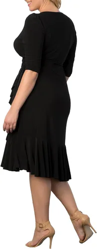 Vista 5 de Kiyonna Vestido midi de talla extra con volantes caprichosos y mangas - Para cóctel, fiesta, invitada a la boda o trabajo Negro (Black Noir)
