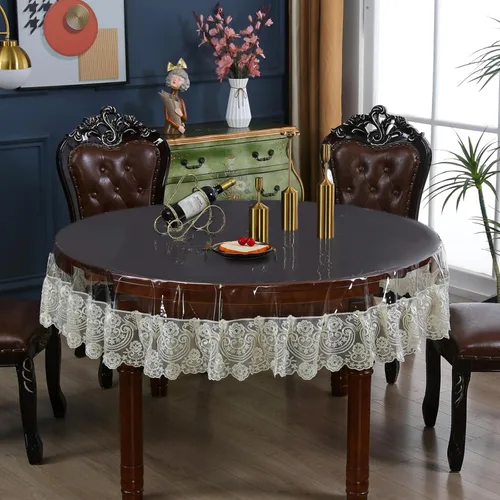 Vista 7 de Mantel rectangular de plástico transparente de vinilo impermeable, borde de encaje bordado, mantel transparente para comedor, cocina al aire libre