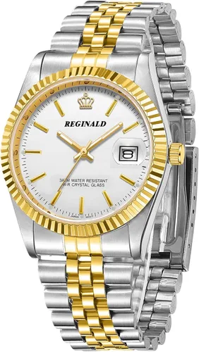 Vista 3 de PASOY Reloj de moda para hombre, tamaño unisex, acero inoxidable, fecha, dorado, bisel, plateado, reloj de pulsera de 1.417in, Moda