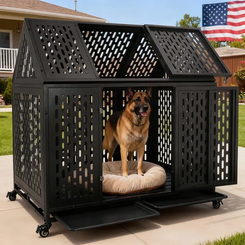Vista 2 de Jaula indestructible resistente para perros grandes, a prueba de escape, con ruedas y bandejas, jaula interior a prueba de mordeduras con techo