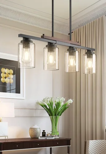 Vista 8 de Amico Lámpara de Comedor de 4 Luces para Isla de Cocina con Varillas Ajustables, Candelabro de Decoración Rústica de Metal Negro y Madera