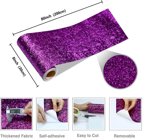 Vista 9 de CRE8TIVE Papel tapiz con purpurina gruesa de 8 x 80 pulgadas, para pegar y pelar, borde de papel tapiz morado texturizado extraíble, lentejuelas