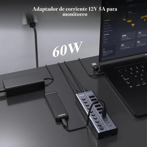 Vista 3 de FIDECO Hub USB alimentado de 60 W para laptop y PC, divisor USB de 10 puertos de 10 Gbps con adaptador de corriente de 12 V 5 A, adaptador