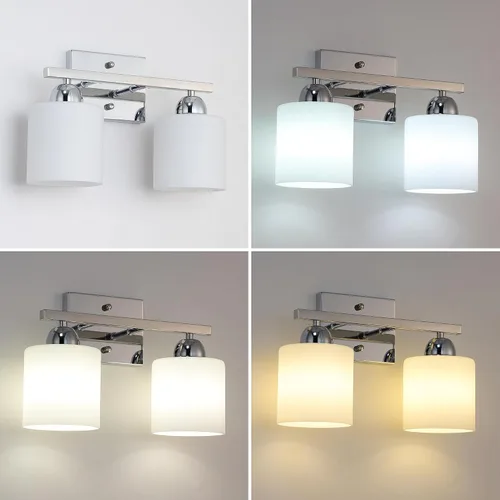 Vista 4 de Mecgirn Luces de tocador de vidrio de leche de acero inoxidable para baño, 2 lámparas cromadas de baño sobre espejo, enchufes E26 de cerámica