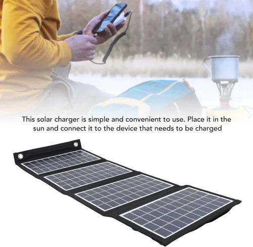 Vista 4 de Panel solar portátil, cargador de panel solar plegable de 30 W 5 V con salidas USB duales, panel solar a prueba de agua de 4 pliegues con 2 ganchos